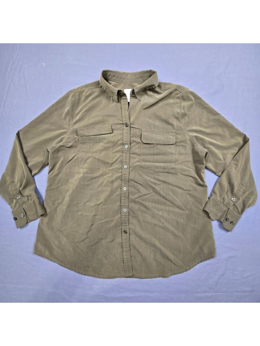 Chicos Size 2 Large Button-Up Top Army Olive Green Long Sleeve Modal Blend Shirt
